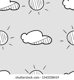 Monochrome childish simple sun and cloud seamless pattern