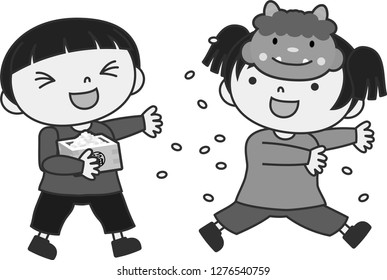 Monochrome Children throwing dried soy beans