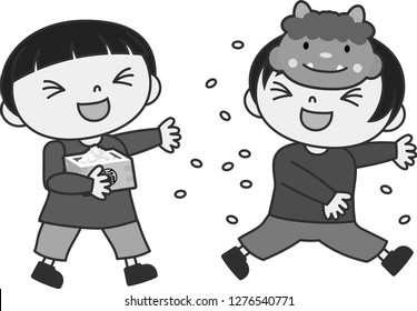 Monochrome Children throwing dried soy beans