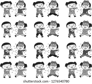 Monochrome Children throwing dried soy beans set