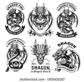 Monochrome Chinese dragon with skull labels vector illustration set. Retro emblems with powerful magical dragon. Mythology and fantastic creature concept can be used for retro template