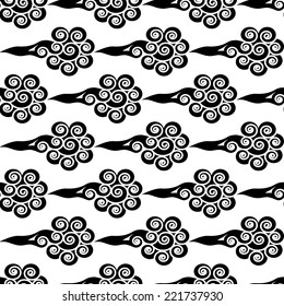 Monochrome Chinese stylized clouds. Vector seamless pattern