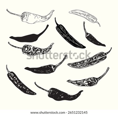 Monochrome chipotle pepper illustration set in vintage hand-drawn style. Includes whole and sliced peppers, smoke, and seeds. Ideal for labels, menus, and culinary packaging designs.