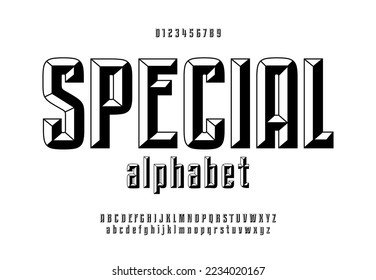 Monochrome chisel style alphabet and font. Uppercase, lowercase and numbers. Plain vector retro alphabet