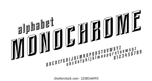 Monochrome chisel style alphabet and font. Italic uppercase, lowercase and numbers. Plain vector retro alphabet