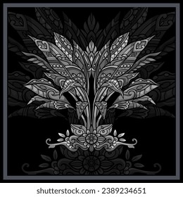 Monochrome chlorophytum amaniense plant mandala arts isolated on black background.