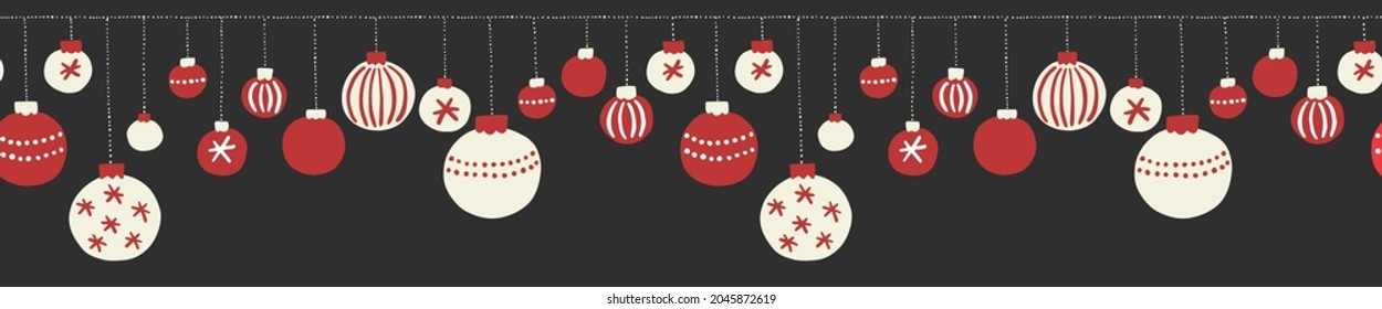 Monochrome Christmas Hanging Baubles Hand Drawn Vector Seamless Pattern Horizontal Border. Winter Holiday, New Year Party Print. Modern Festive Illustration Background