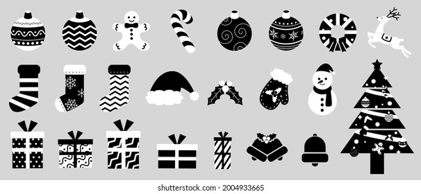 Monochrome Christmas icon vector illustration set (seamless)