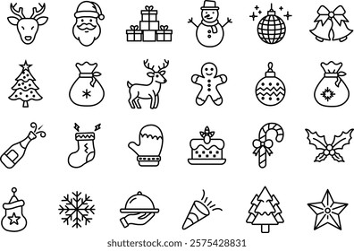"Monochrome Christmas Line Art Icon Set - Festive Vector Collection"