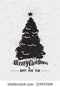 Monochrome Christmas Poster - Christmas tree with star topper in screen print style, ink effect, black and white