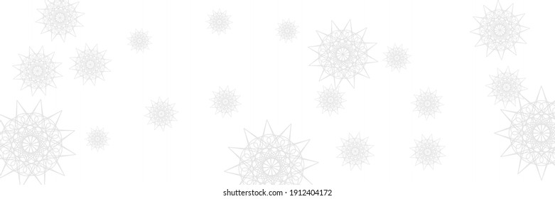 Monochrome Christmas Santa Print Composition. Horizontal Ornamental Holiday Stars Snow Pattern. Frost Grey Snowflakes Ice Mandala Background. Chaotic White New Year Silver Winter Sky Wallpaper.