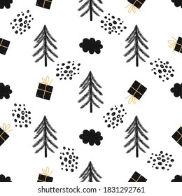 Einfarbige, nahtlose Weihnachtsmuster, Weihnachtsbäume, Geschenke, Mistelen, Weihnachtsdekoration, perfekt zum Zeichnen auf Stoff, Dekoration oder Innendekoration