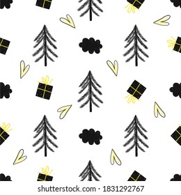 Monochrome Christmas seamless pattern, Christmas trees, gifts, mistletoe, Christmas decor, perfect for drawing on fabric, decor or interior decoration
