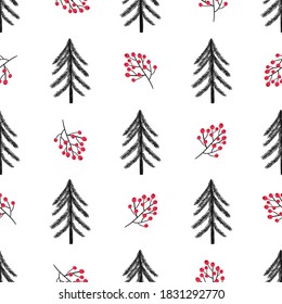 Einfarbige, nahtlose Weihnachtsmuster, Weihnachtsbäume, Geschenke, Mistelen, Weihnachtsdekoration, perfekt zum Zeichnen auf Stoff, Dekoration oder Innendekoration