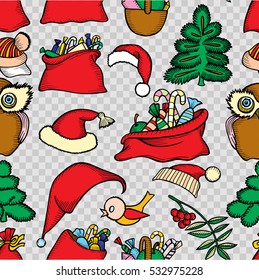 Monochrome Christmas seamless vector pattern. Holiday icons, patches, stickers. Gifts, christmas and Hats. New Year celebration elements. Design for fashion print, wrapping, backgrounds.