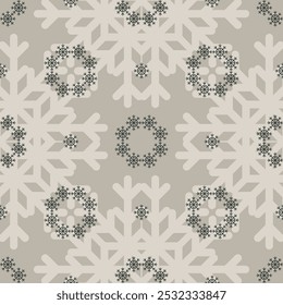 Monochrome Christmas seamless vector snowflake pattern on pale silver background. Beautiful seasonal pattern for wrapping paper, greeting cards, invitations, gift boxes and home decor.