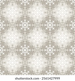 Monochrome Christmas snowflake texture on geometric rhombus background. Elegant seamless vector pattern for wrapping paper, textile and paper prints, greeting cards and gift boxes.