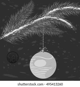 A monochrome Christmas tree bauble decoration with ornament. Xmas ball in grey, black and white colors.