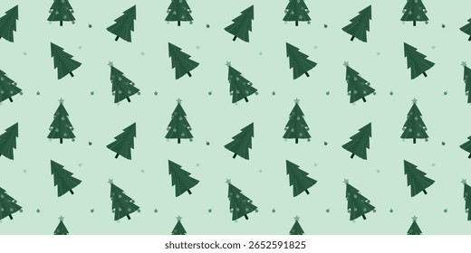 Monochrome Christmas tree pattern on green background. Modern and minimal design for festive packaging and prints