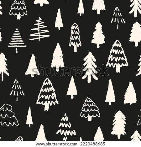 Monochrome christmas tree seamless repeat pattern. Hand drawn, doodled vector fir forest all over surface print in black and white.