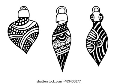 Monochrome Christmas tree toys, isolated vector art illustration icon.