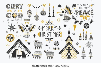 Monochrome christmas vector illustration set in scandinavian folk style.Good for greeting cards, interior or textile prints in hygge style and as separated elements for festive grafic designs.