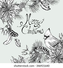 Monochrome Christmas vintage floral greeting card with poinsettia, feathers and bird red cardinal. Botanical vector illustration