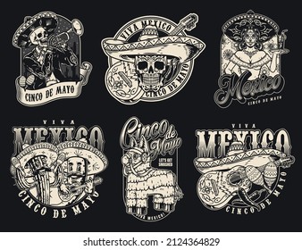 Monochrome Cinco de Mayo vintage labels set with skeleton musician playing trumpet, sugar skull against painted guitar, waitress carrying glass, cactus and chili pepper in sombreros, pinate with