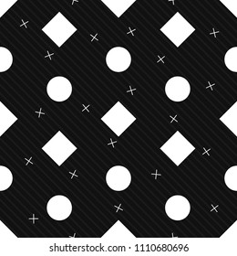 Monochrome Circle and Diamond Geometry with Striped Background Seamless Pattern Vector