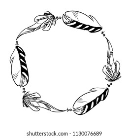 Monochrome circle frame of feathers. Ready template for design, postcards, printing