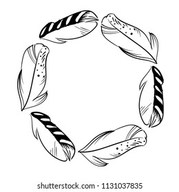 Monochrome circle frame of feathers. Ready template for design, postcards, printing