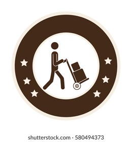 monochrome circle frame with messenger with hand truck and packages