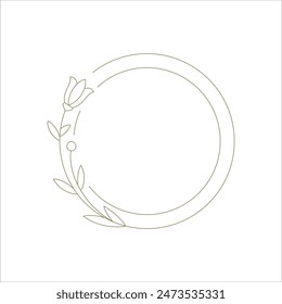 Monochrome circle frame with tulip flower line art decorative element for logo vector illustration. Minimalist hand drawn round border floral botanical contour decor for elegant emblem design