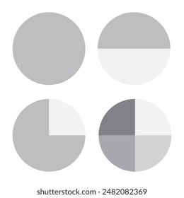 Monochrome circle icons. Four different divisions. Gray and white tones. Geometric vector shapes.