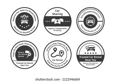 Monochrome circle label electric car sharing service collection vector illustration. Self driving, logistic, transportation, parking daily automobile rental for comfortable city travel movement