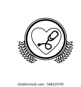 monochrome circle with olive branchs and heart with stethoscope inside