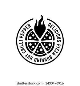 Monochrome circle pizza logo with flame and text around