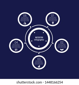 Monochrome circles in a circle. Pattern for infographic 5 positions. Dark blue