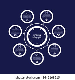 Monochrome circles in a circle. Pattern for infographic 7 positions. Dark blue