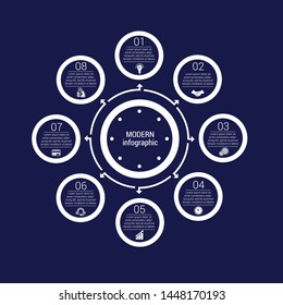 Monochrome circles in a circle. Pattern for infographic 8 positions. Dark blue 