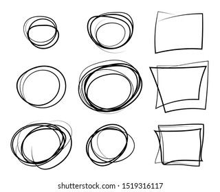Monochrome circles, square, sketch, selection. Hand-drawn, scribble. Design elements isolated on a light background.