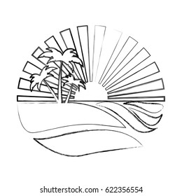 monochrome circular background contour of sunset in the ocean with beach and palms vector illustration