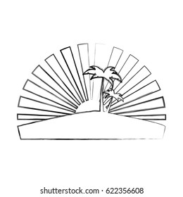 monochrome circular background contour of sunset with beach and palms vector illustration