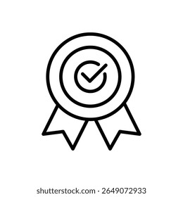 Monochrome circular badge with a check mark in a simple outline style indicates success and completion on a clean white background, suitable for interface design or print media.