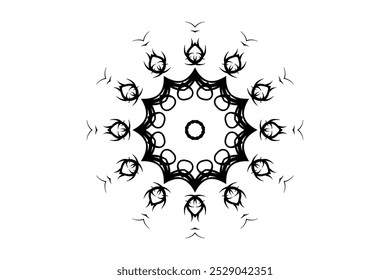 Monochrome circular design emphasizing mandala-inspired geometric patterns and fine artistic details