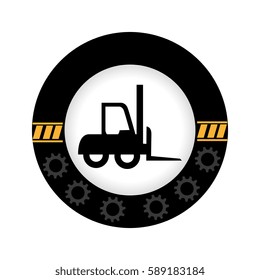 monochrome circular emblem with gears border and forklift truck