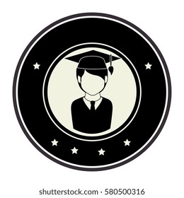 monochrome circular emblem with half body man with graduation outfit