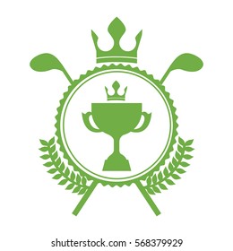 monochrome circular emblem with olive branchs with trophy cup and crown and golf sticks