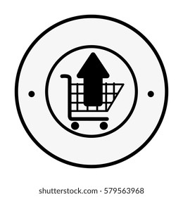 monochrome circular emblem with shopping cart and arrow up