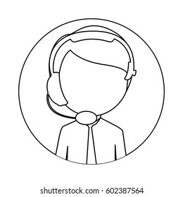 monochrome circular frame with man call center vector illustration
